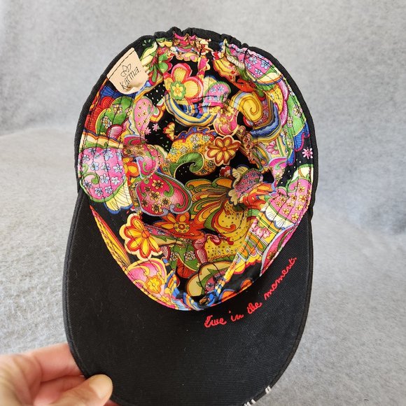 Karma Live in The Moment Embroidered Skull Cap Hat Cotton Black One Size - Picture 8 of 11